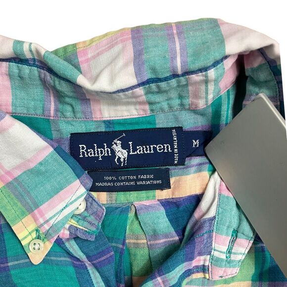 Ralph Lauren Shirt Mens M Colorful Madras Vintage Button Down Crest Golf Pocket - Picture 4 of 10